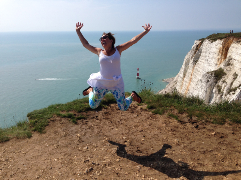 Kathy jumping on Beach Head